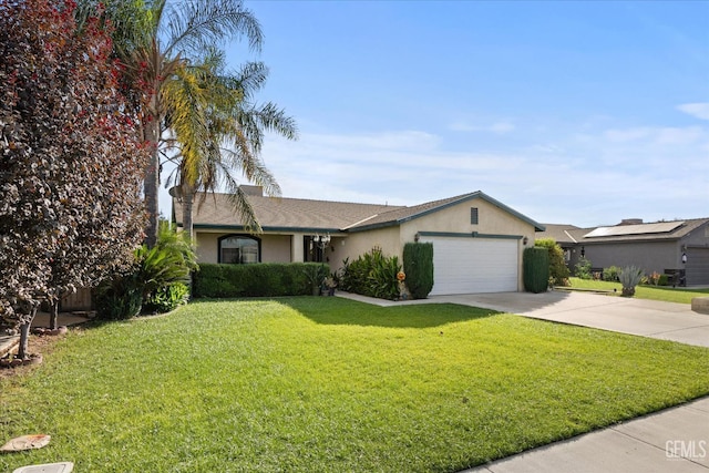 single story home featuring a garage and a front yard