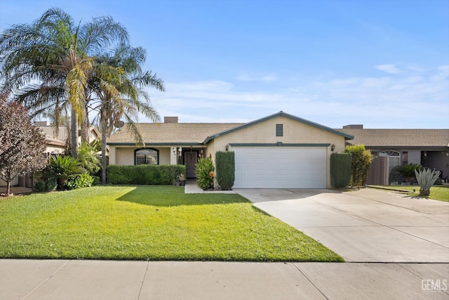 ranch-style home featuring a garage and a front lawn