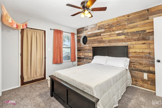 11265 Poulsen Way, Bakersfield, CA 93312 - bedroom featuring wooden walls, carpet floors, and ceiling fan