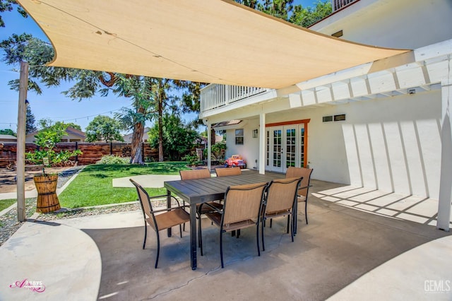 11265 Poulsen Way, Bakersfield, CA 93312 - patio / terrace featuring french doors, a fenced backyard, a patio area, and outdoor dining area
