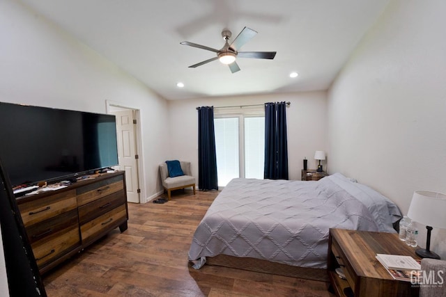 7519 Shadow Wells St, Bakersfield, CA 93313 - bedroom with dark wood finished floors, lofted ceiling, recessed lighting, and ceiling fan