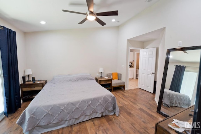 7519 Shadow Wells St, Bakersfield, CA 93313 - bedroom with vaulted ceiling, wood finished floors, recessed lighting, and a ceiling fan
