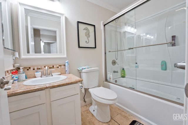 7519 Shadow Wells St, Bakersfield, CA 93313 - full bathroom with vanity, bath / shower combo with glass door, decorative backsplash, and tile patterned floors
