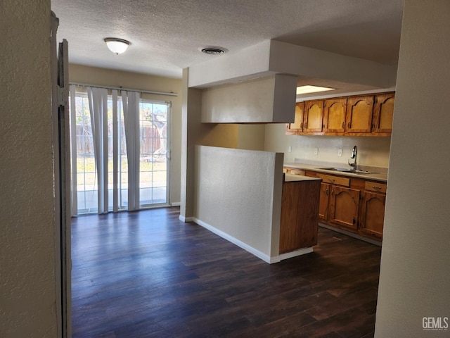 kitchen with a textured ceiling, dark hardwood / wood-style floors, and sink