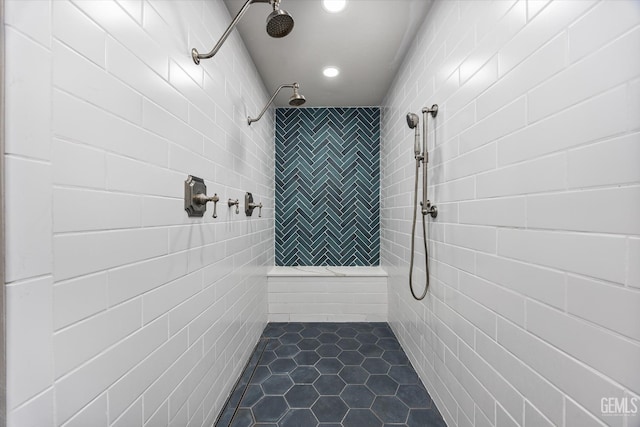 10318 Roehampton Ave, Bakersfield, CA 93312 - full bathroom with a tile shower, tile patterned floors, tile walls, and recessed lighting