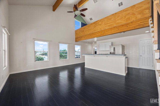 10318 Roehampton Ave, Bakersfield, CA 93312 - unfurnished living room featuring ceiling fan, beam ceiling, high vaulted ceiling, and dark wood-type flooring