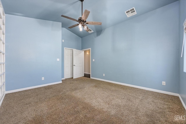 10318 Roehampton Ave, Bakersfield, CA 93312 - unfurnished bedroom featuring carpet, high vaulted ceiling, and ceiling fan