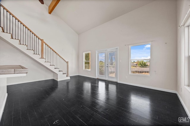 10318 Roehampton Ave, Bakersfield, CA 93312 - unfurnished living room featuring high vaulted ceiling, hardwood / wood-style flooring, healthy amount of natural light, stairs, and beam ceiling