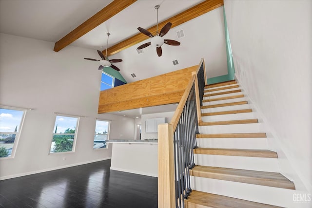 10318 Roehampton Ave, Bakersfield, CA 93312 - stairs featuring a ceiling fan, high vaulted ceiling, beamed ceiling, and wood-type flooring