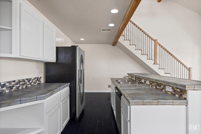 10318 Roehampton Ave, Bakersfield, CA 93312 - kitchen featuring open shelves, dark wood finished floors, white cabinetry, and recessed lighting