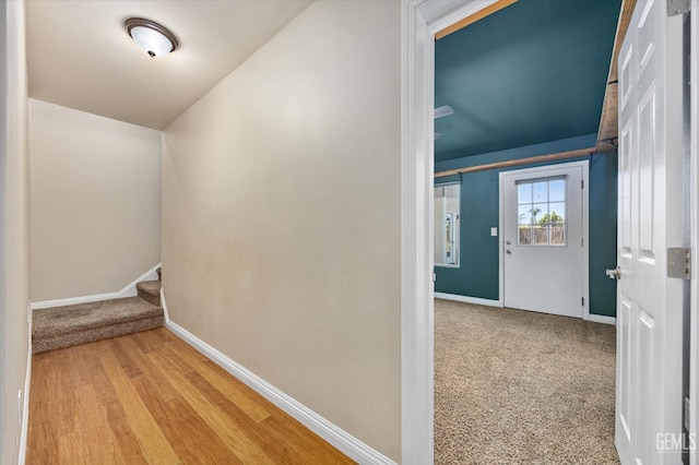 10318 Roehampton Ave, Bakersfield, CA 93312 - hall with stairway, wood finished floors, and carpet