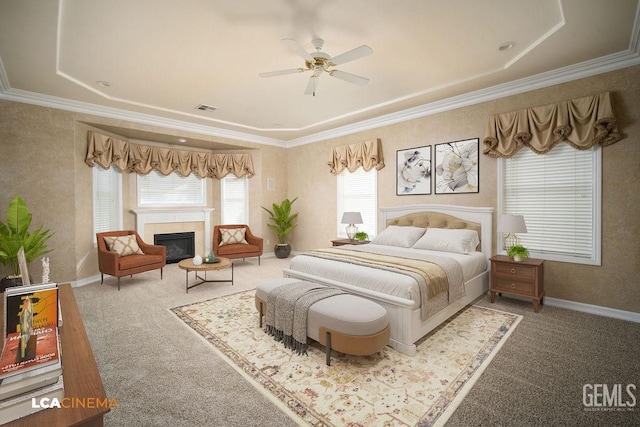 carpeted bedroom with crown molding