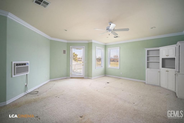 interior space featuring ceiling fan, ornamental molding, and a wall mounted air conditioner