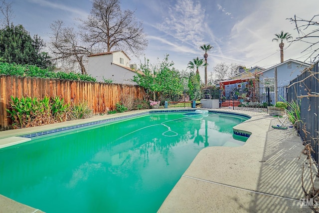 view of swimming pool featuring a fenced in pool, a patio area, and a fenced backyard