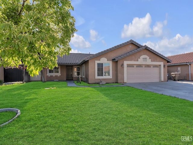 ranch-style house featuring stucco siding, a front yard, concrete driveway, and an attached garage