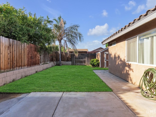 view of yard featuring a patio, a fenced backyard, an outbuilding, and a storage shed