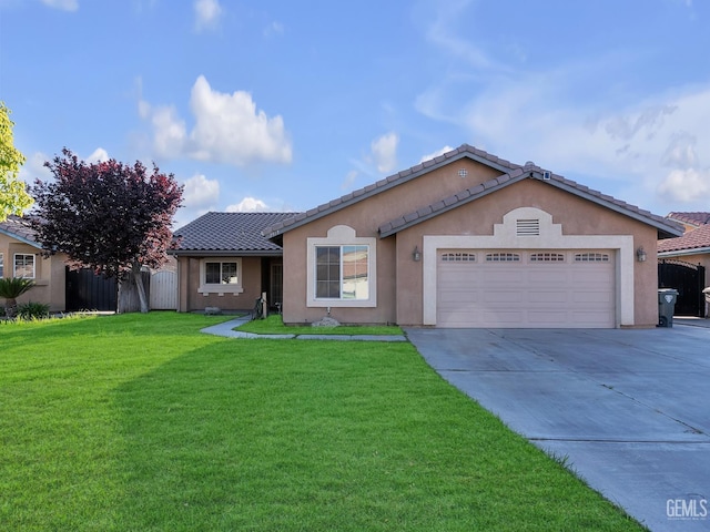 single story home featuring a tile roof, a front lawn, a garage, driveway, and stucco siding