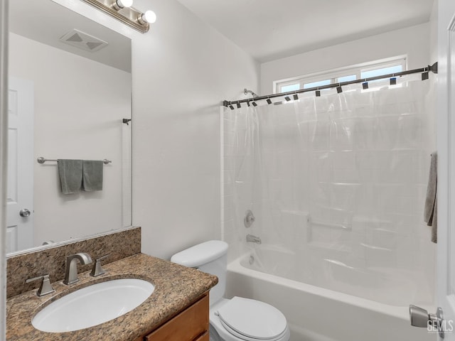 bathroom with toilet, visible vents, vanity, and  shower combination