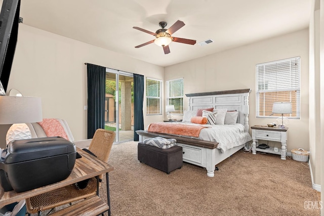 9310 Via Catania, Bakersfield, CA 93312 - carpeted bedroom with visible vents, access to outside, and ceiling fan