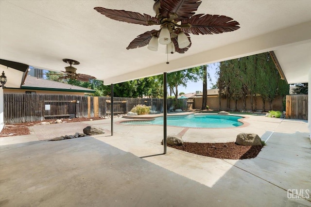 5100 Ruth Ct, Bakersfield, CA 93308 - view of pool with a ceiling fan, a fenced backyard, and a patio area