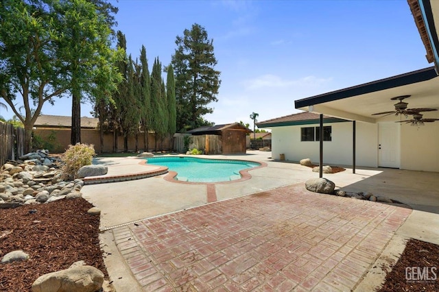 5100 Ruth Ct, Bakersfield, CA 93308 - view of pool with a ceiling fan, a fenced backyard, and a patio