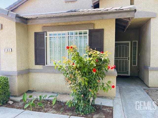 view of exterior entry featuring stucco siding