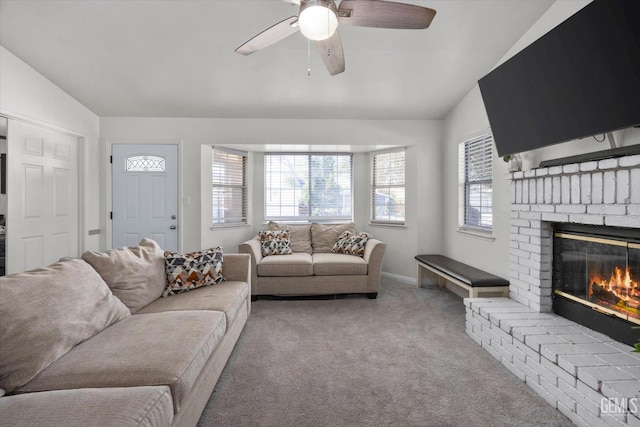 6305 Wolfe Creek Dr, Bakersfield, CA 93306 - carpeted living area featuring lofted ceiling, ceiling fan, and a brick fireplace