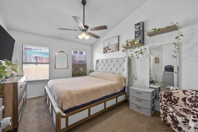 6305 Wolfe Creek Dr, Bakersfield, CA 93306 - bedroom with a textured ceiling, carpet floors, vaulted ceiling, and a ceiling fan