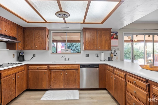 kitchen with brown cabinets, black electric stovetop, stainless steel dishwasher, under cabinet range hood, and a sink