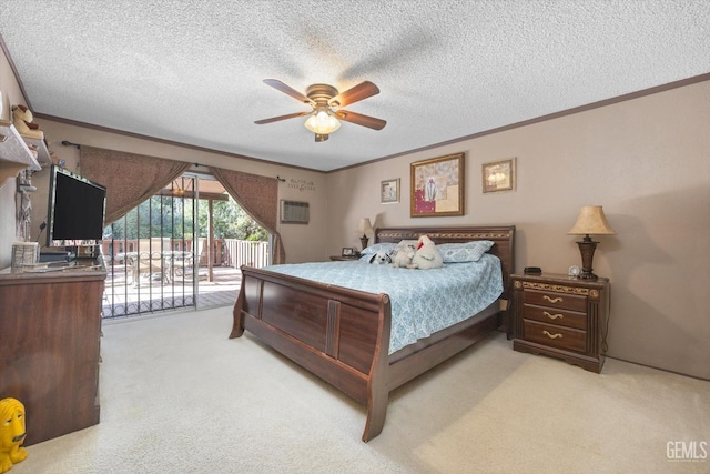 bedroom featuring access to exterior, carpet, and ornamental molding