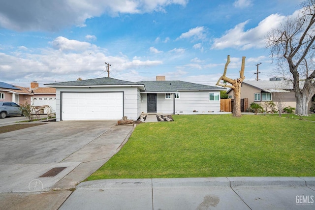 ranch-style home featuring driveway, a chimney, an attached garage, fence, and a front yard