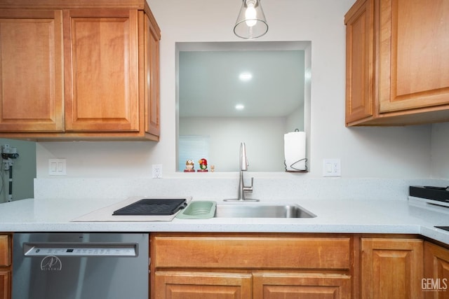 kitchen featuring brown cabinets, light countertops, and stainless steel dishwasher