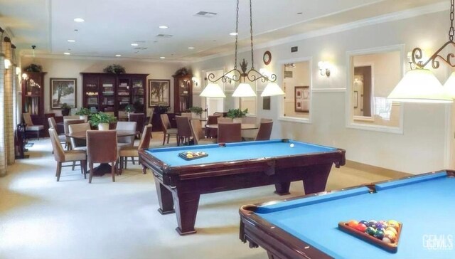 9909 Stockholm Pl, Bakersfield, CA 93306 - recreation room with pool table, ornamental molding, and light carpet