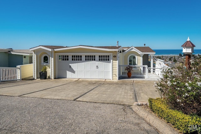 single story home with a water view, fence, a garage, and driveway