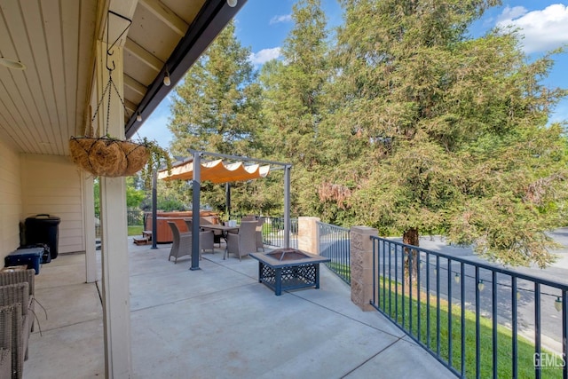 13160 Game Set Way, Bakersfield, CA 93306 - view of patio with a hot tub, a fire pit, and a pergola
