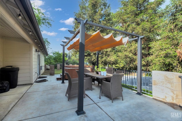 13160 Game Set Way, Bakersfield, CA 93306 - view of patio featuring a hot tub, a pergola, and outdoor dining space