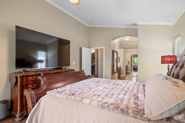 12008 Stonington St, Bakersfield, CA 93312 - bedroom with arched walkways, ornamental molding, multiple windows, and wood finished floors