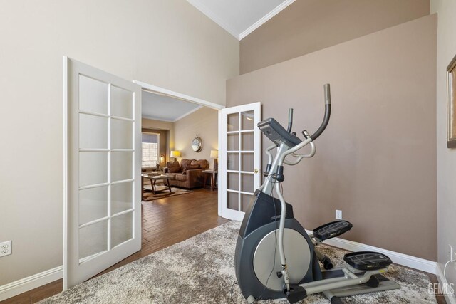 12008 Stonington St, Bakersfield, CA 93312 - exercise area featuring crown molding, french doors, wood finished floors, baseboards, and high vaulted ceiling