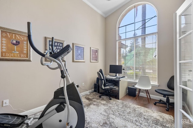 12008 Stonington St, Bakersfield, CA 93312 - office area featuring crown molding, plenty of natural light, baseboards, and wood finished floors