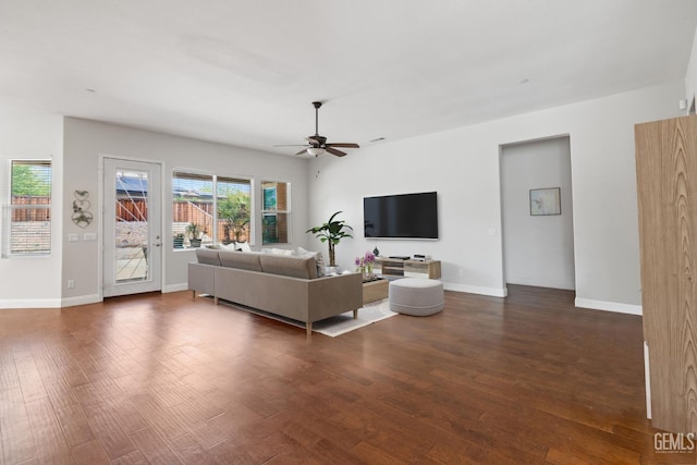 9904 Toscana Dr, Bakersfield, CA 93306 - living area featuring dark wood finished floors and a ceiling fan