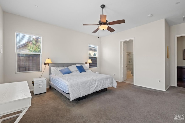 9904 Toscana Dr, Bakersfield, CA 93306 - carpeted bedroom with ensuite bathroom and a ceiling fan