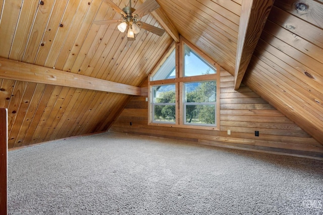 bonus room featuring carpet flooring, vaulted ceiling with beams, ceiling fan, and wood walls