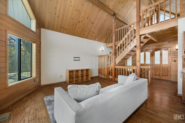 living room featuring hardwood / wood-style flooring, wooden ceiling, and wood walls