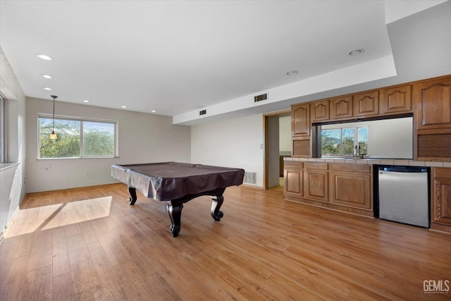 playroom featuring pool table and light wood-type flooring