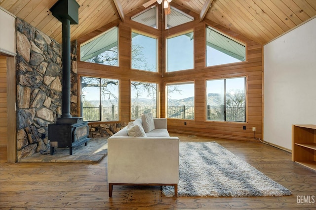 living room featuring a mountain view, a wood stove, hardwood / wood-style floors, and wood ceiling