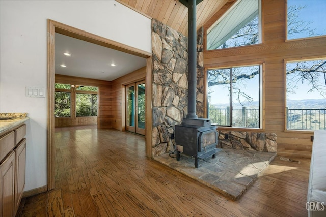 living room featuring a mountain view, a wood stove, and wooden walls