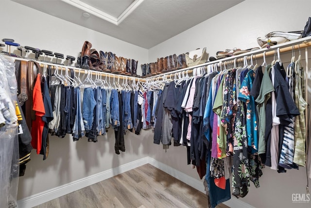 walk in closet featuring attic access and wood finished floors
