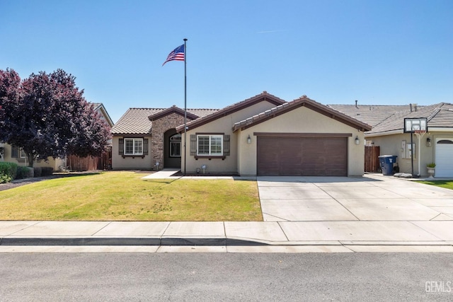 single story home with a garage, stucco siding, concrete driveway, and a tile roof