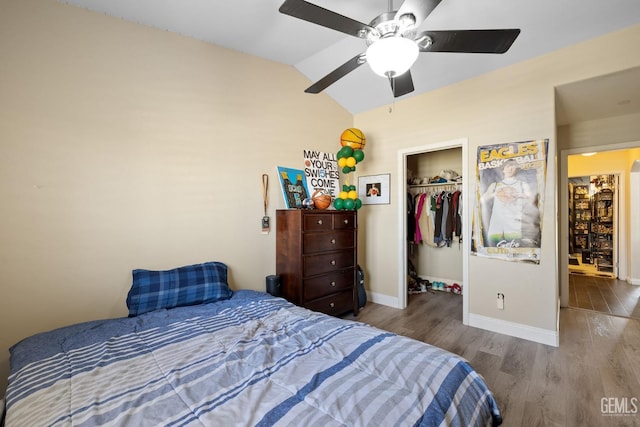 bedroom with baseboards, wood finished floors, lofted ceiling, a spacious closet, and a closet