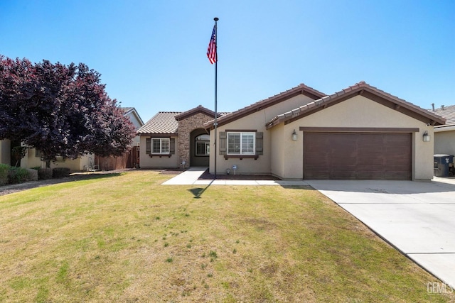 single story home with a garage, driveway, a tile roof, and stucco siding